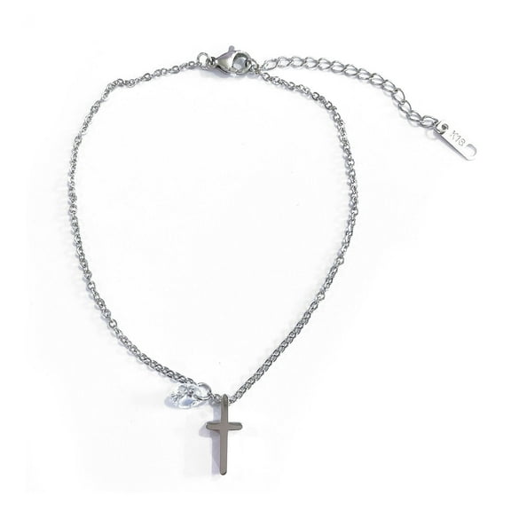 Amy and Annette Stainless Steel Cross and Crystal Anklet