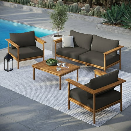 Modway Wren 4-Piece Outdoor Patio Teak Wood Furniture Set in Natural Flint Gray
