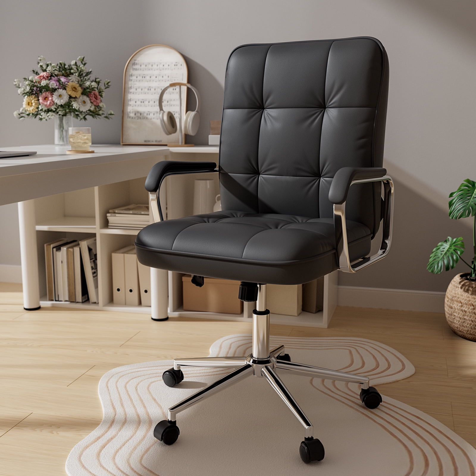 HomeZeer Executive Office Chair, Swivel Computer Desk Chair with Wheels and Padded Arms, PU Leather Ergonomic Design Task Chair with Height & Tilt Adjustable for Home Office, Black