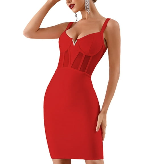 Women's V-Neck Meshed Upper Elegant Celebrity Style Wide Strap Thick Red Bandage Dress S