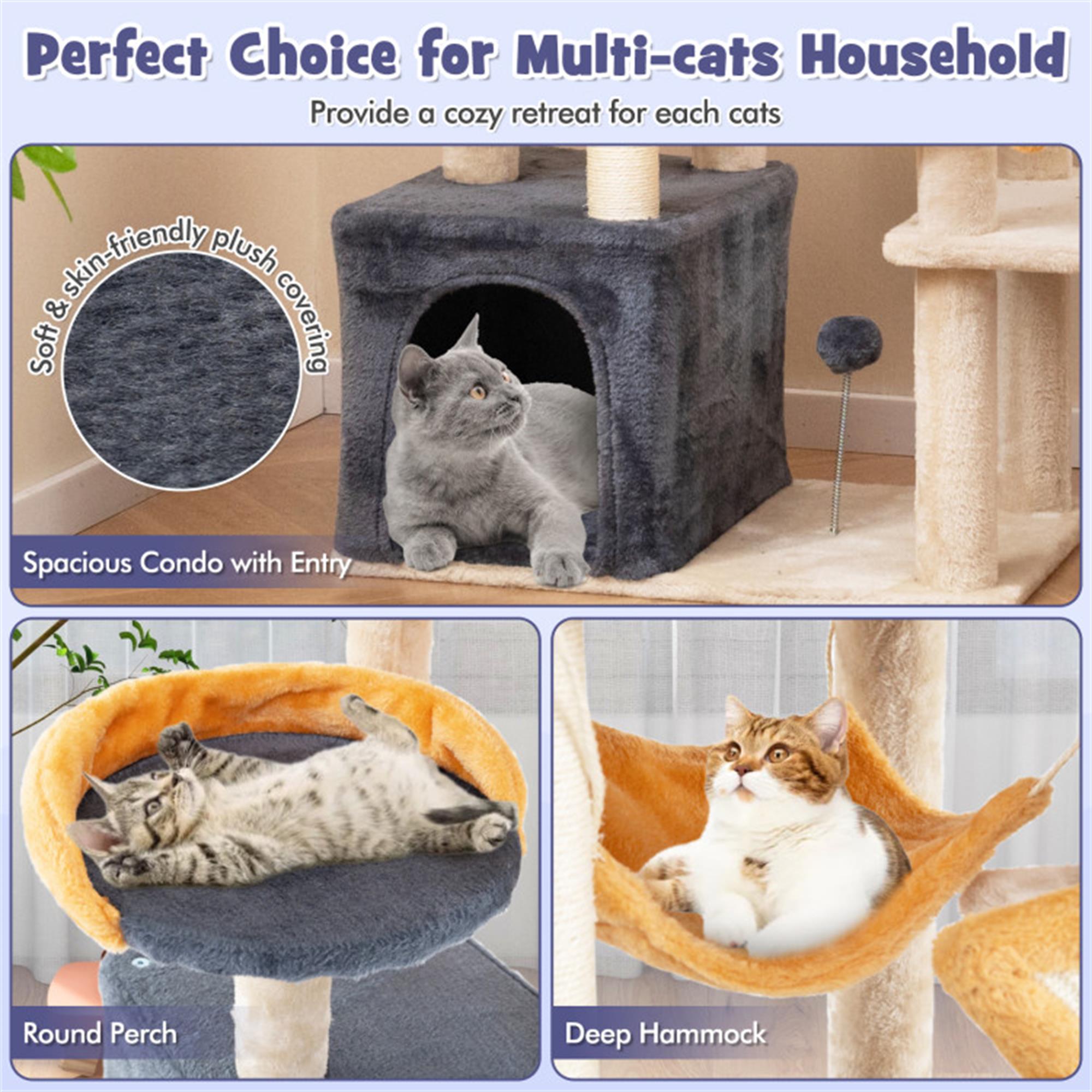Kadyn 63" Could Cat Tree for Indoor Cats, Cat Condo with Cat Scratching Post and Board, Cat Tower for Kitten with Dangling Balls, Beige