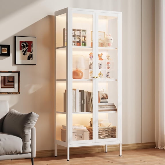 Glass Display Cabinet with LED Lights, White Curio Glass Showcase, 66" Tall Metal Storage Cabinet with Doors and Adjustable Shelves, 3 Color Lighted Display Case for Living Room, Hallway, Pantry