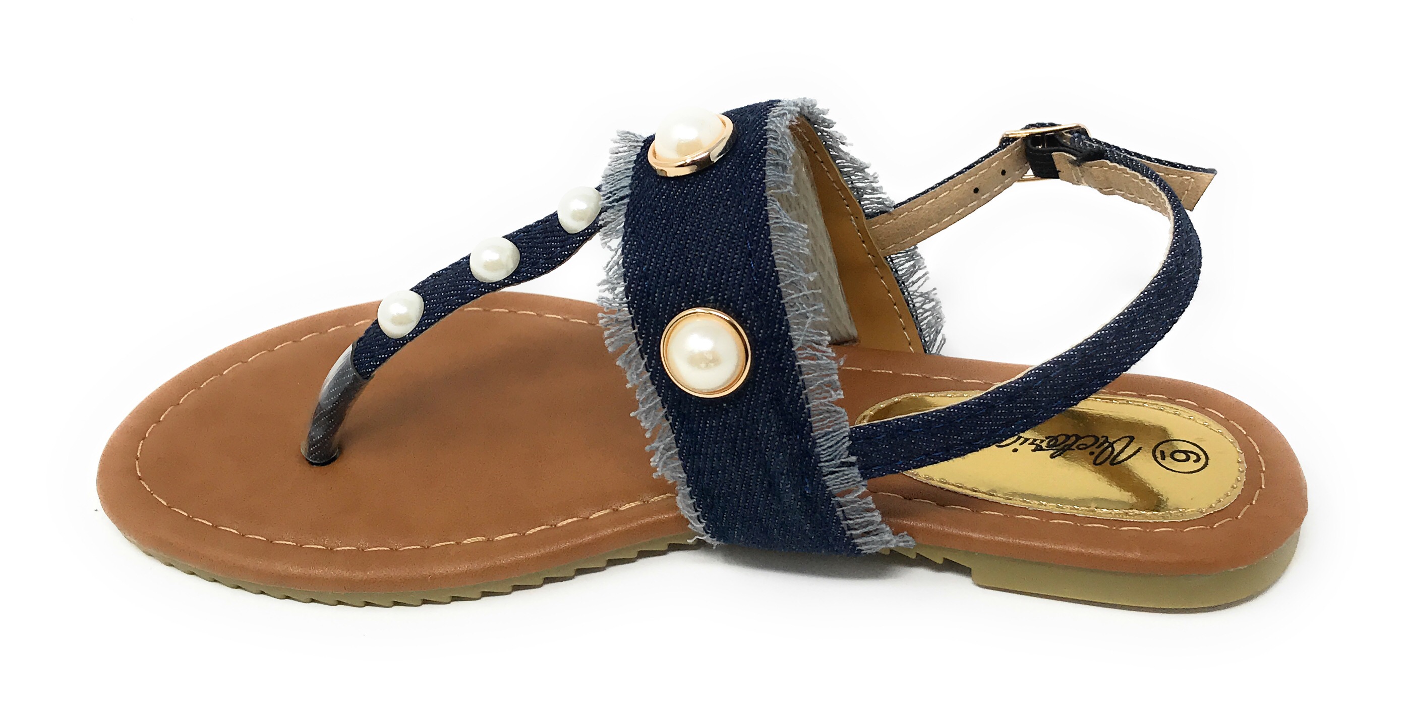 Victoria K Women's Fringed Denim With Pearl Studs Sandals