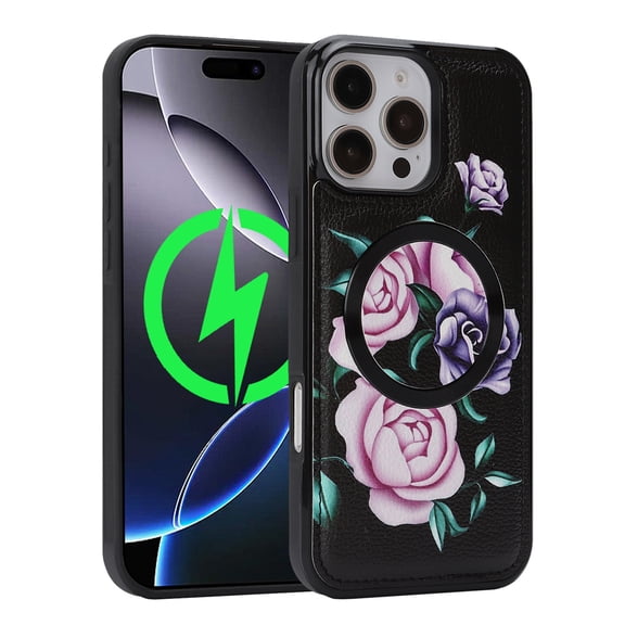 for iPhone 14 Plus Flower Pattern Case, PU Leather TPU Slim Lightweight Shockproof Drop Protective Grip Friendly Phone Case for Women Girls for iPhone 14 Plus - Black