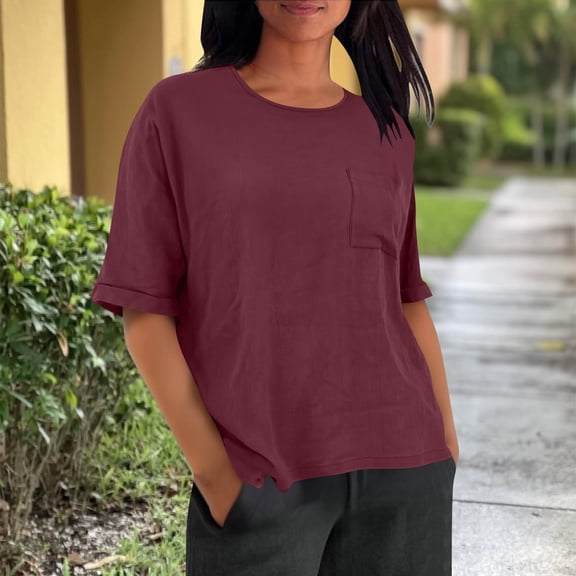 AUNVITO Women's Casual Short Sleeve T-shirt with Chest Pocket and Side Slit Hem Fashionable and Comfortable