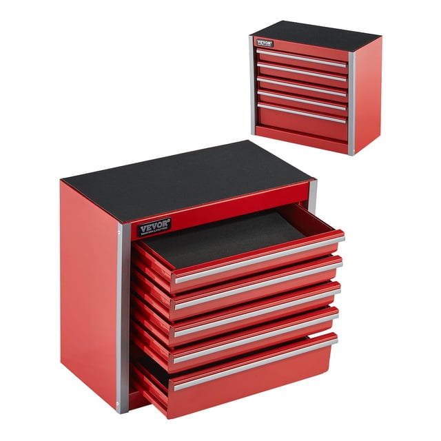 caja de herramientas vevor metal portátil de 22 cm con 5 cajones, color rojo - vista frontal en 3/4; mini caja metálica roja con laterales plateados, tapa superior con forro negro, tiradores plateados y un cajón abierto mostrando forro EVA. Compacta para escritorio, almacenamiento multicapa para herramientas pequeñas, papelería o accesorios personales.