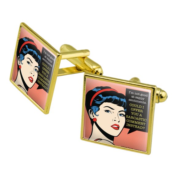 Not Good at Sappy Sentiments Sarcastic Comment Instead Funny Humor Square Cufflink Set - Silver or Gold
