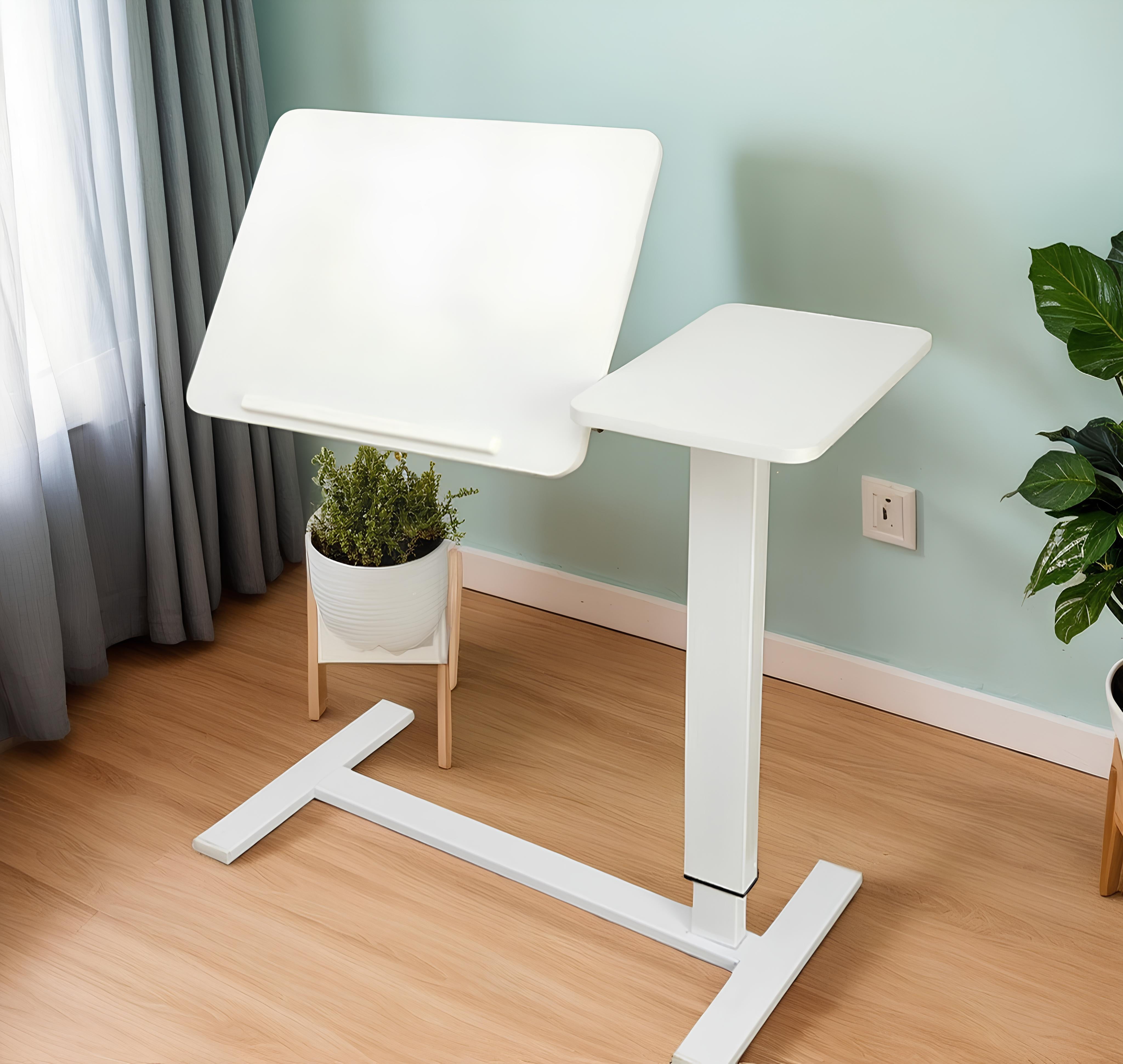 Adjustable Overbed Bedside Table,Folding Tray Table with Wheels,Mobile Rolling Laptop Stand for Home,Hospital,School,White