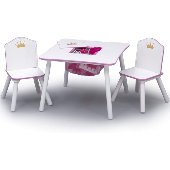 XIULIN Princess Crown Kids Wood Table and Chair Set with Storage - Greenguard Gold Certified, White/Pink