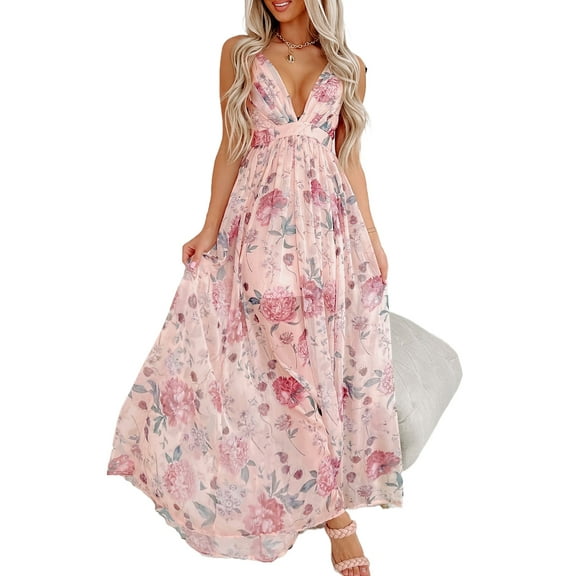 Women's Pink Floral Pleated Bust Backless Maxi Dress with Empire Waist - [ZhiHiMeRi] | (US 12-14)L
