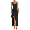 thumbnail image 3 of Laqbezok Women's Ribbed Square Neck Maxi Dress, Sleeveless Side Ruched Bodycon Gown, Casual Slim Fit Dress with High Slit for Summer Party Vacation, 3 of 5