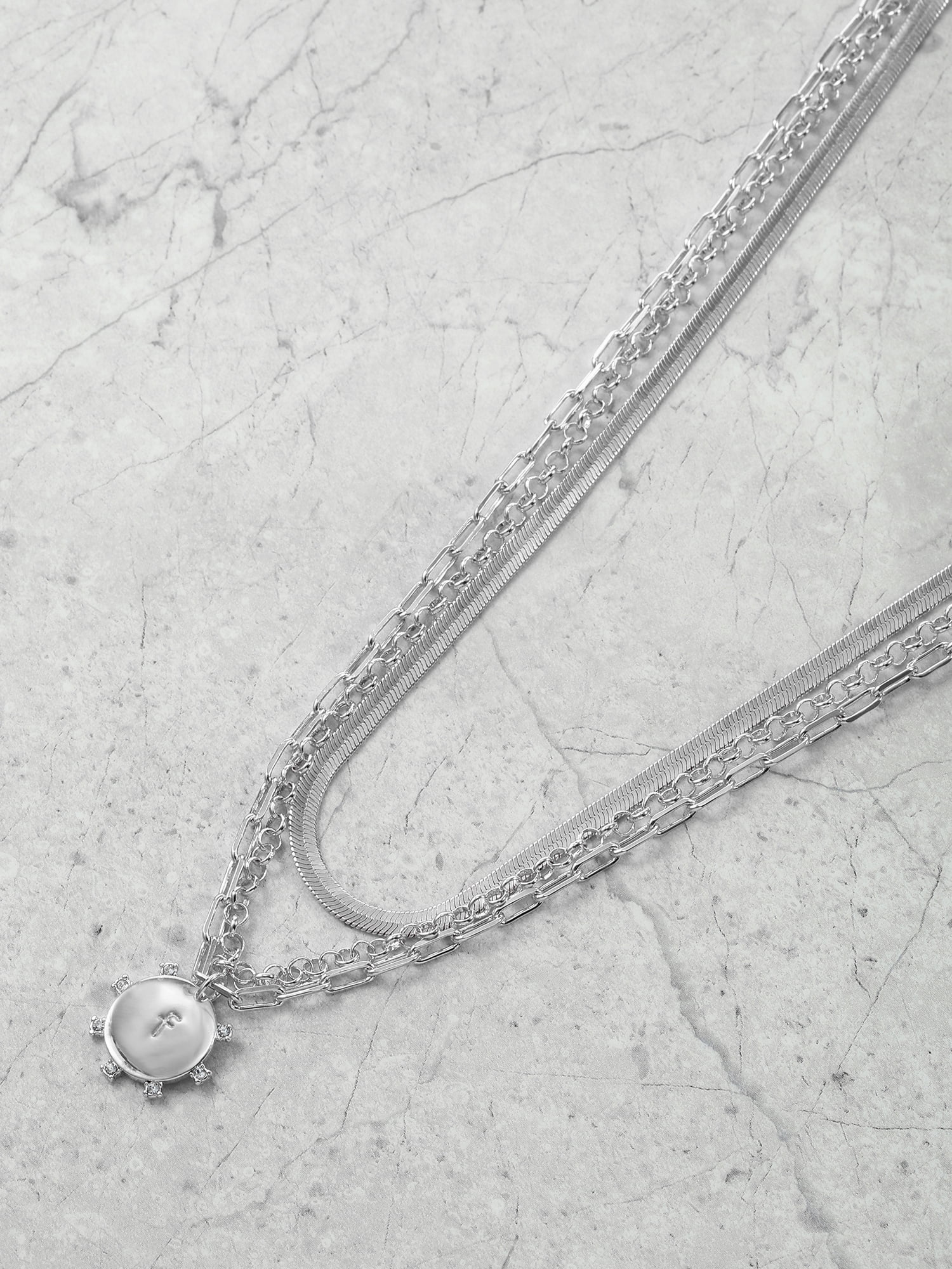 Time and Tru Silvertone Necklace, 3 Piece, Initial F