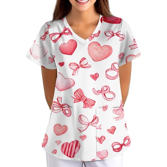 Valentine's Day Scrub Tops Women Funny Love Heart Graphic Short Sleeve V-Neck Scrub Shirts Valentine's Day Scrubs Tops Working Nurse Uniforms with Pockets