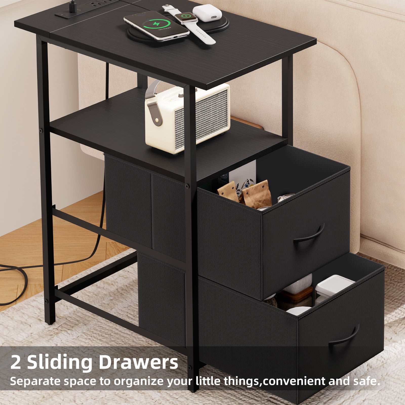 Eunos Black Long End Table with Charging Station, Nightstand with Open Shelf, 2 Fabric Drawer
