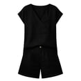 thumbnail image 4 of Hvogkswy Women Two Piece Linen Sets, Solid Color Short Sleeve V-Neck Tops and Button Waist Shorts with Pockets Lightweight Breathable Beach Vacation Summer Casual Set, 4 of 7