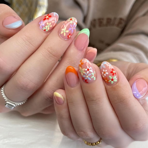 24 piezas de uñas de almendra prensadas uñas postizas cortas punta francesa uñas postizas con diseños de flores pegamento acrílico en uñas primavera verano uñas postizas para mujeres niñas arte de uña