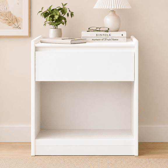 VITALOOM White Nightstand, 1 Drawer Bedside Table with Open Shelf and Raised-Edge Top, Small Storage Cabinet for Bedroom