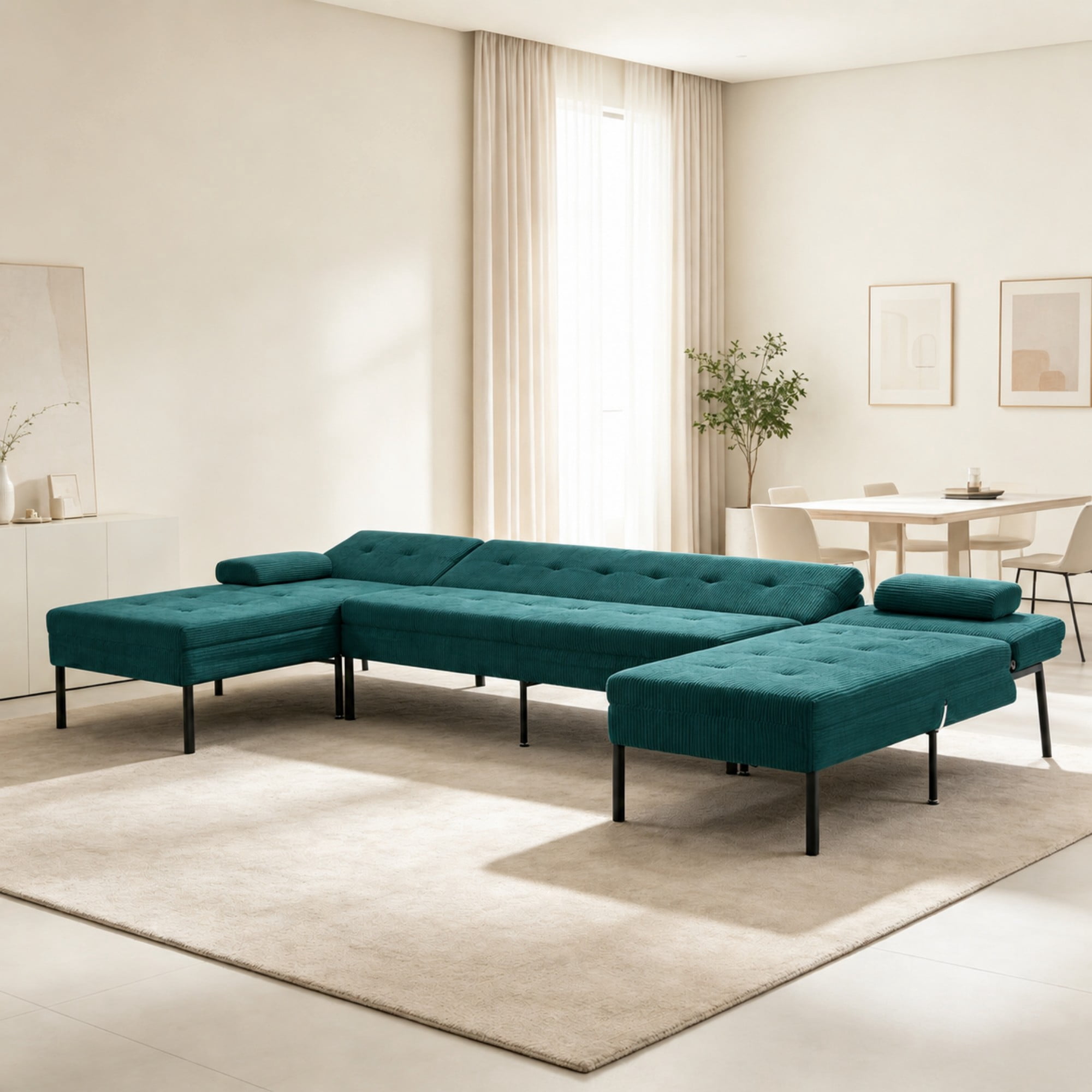 BSHTI 117.13" Soft Corduroy U-Shaped Sectional Sofa Bed with 5-Position Backrest, Comfy Couch for Living Room（Green）
