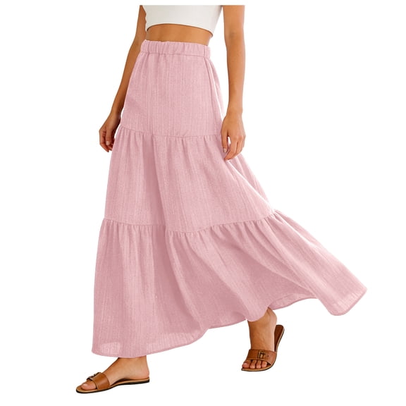 felwors Tiered Maxi Skirt – Women’s Boho Flowing Midi Skirt (Pink, L)