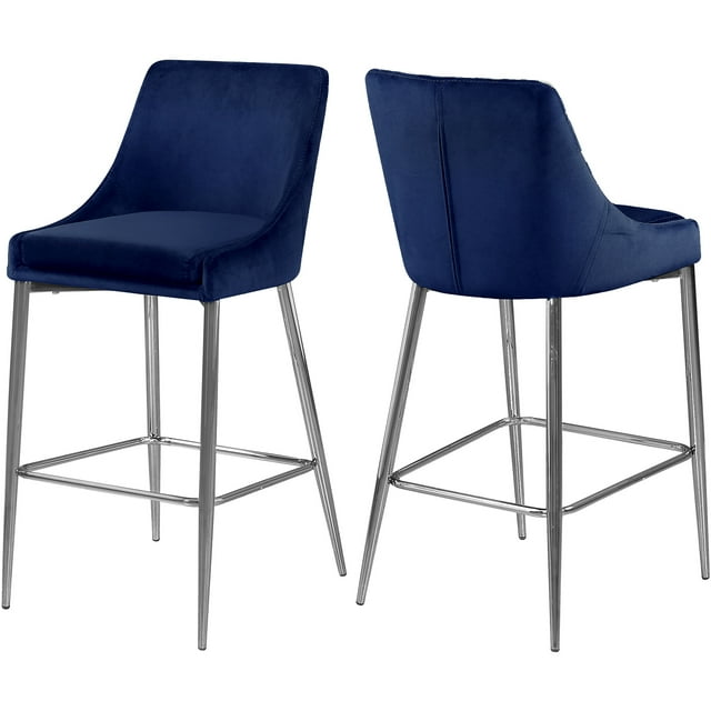 Meridian Furniture Karina Collection Modern | Contemporary Velvet Upholstered Counter Stool with Polished Chrome Metal Legs and Foot Rest, Set of 2, Navy