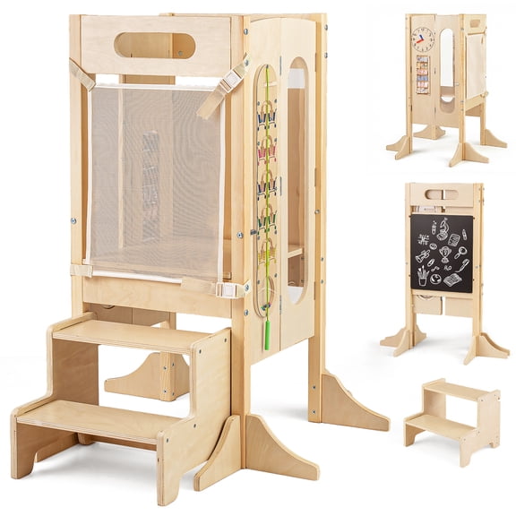 OLAKIDS Toddler Tower Foldable, Wooden Standing Tower with 2 Step Stool, Safety Net, Chalkboard, Montessori Activity Games, Kitchen Stool Helper for Kids 3  Years