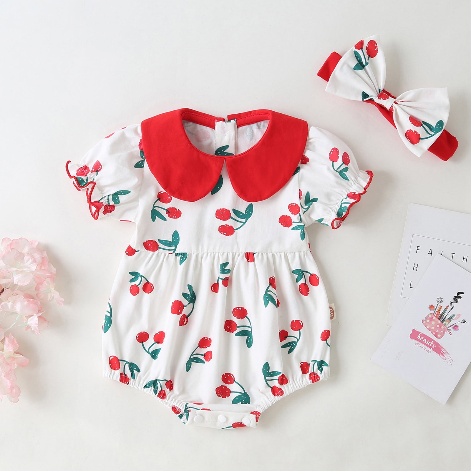 Baby Girls Peter Pan Collar Romper Bodysuit Hairband Clothes