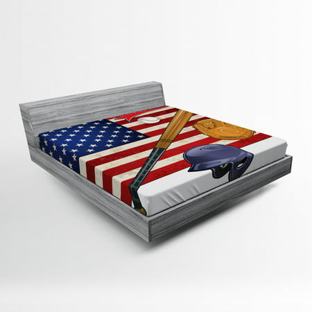 Sports Fitted Sheet USA American Flag and Baseball Equipment Championship Tournament Inspired Artwork, Soft Decorative Fabric Bedding, Multicolor, by