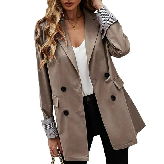 Women Suit Coat Lapel Long Sleeve Striped Cuffs Suit Jacket with Flap Pockets Solid Color Loose Fit Double Breasted Business Outwear