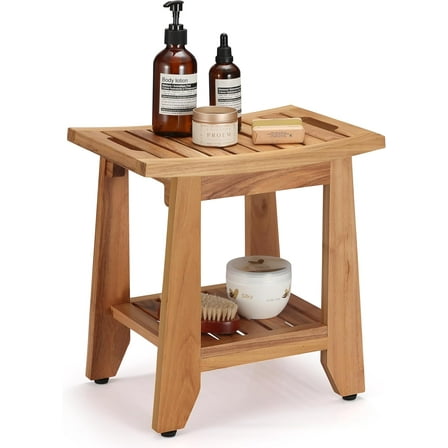 TEAKAURA Teak Shower Bench Stool, 14'' Compact Waterproof Wood Spa Bath Bench with Storage Shelf & Handle, Non-slip Solid Teak Shower Seat Chair for Small Bathrooms Inside Shower and Outdoor Use