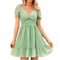 thumbnail image 1 of B91xZ Robes de Soleil pour Femmes Casual Manches Courtes Robe d'Été Col Rond Taille Haute Maxi Floconneuse Robes à Plusieurs Niveaux, Vert XL, 1 of 5