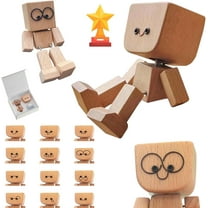 Shaking Wooden Man Figurine, Charming Little Wooden Figure That Sways with 12PCS Magnetic Expressions, Portable Handmade Car Ornament Desktop Decor, Creative Gift, Khaki
