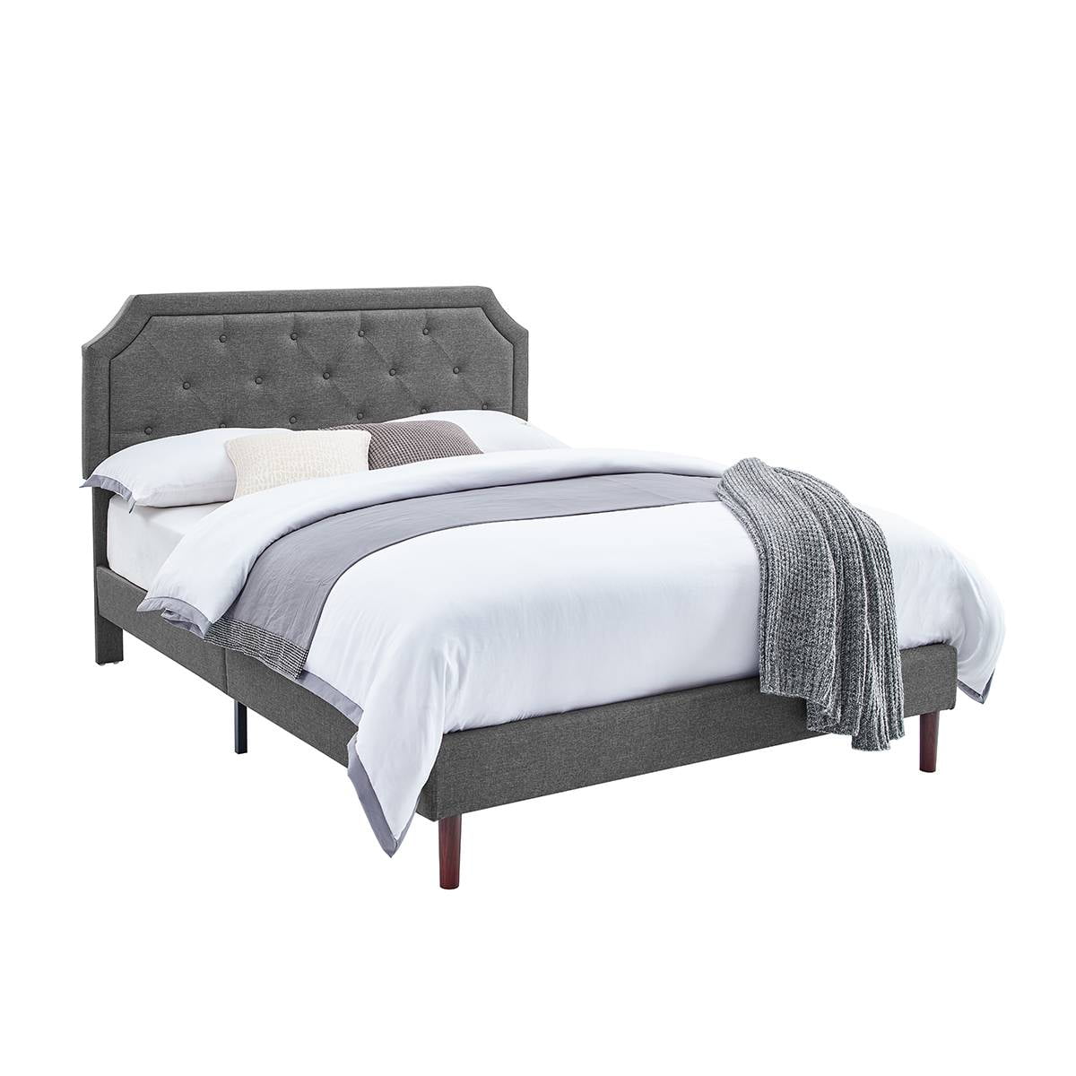 BSHTI Bedroom Modern King Size Platform Bed Frame with Upholstered Headboard and wood slats support for Livingroom,No Box Spring Needed