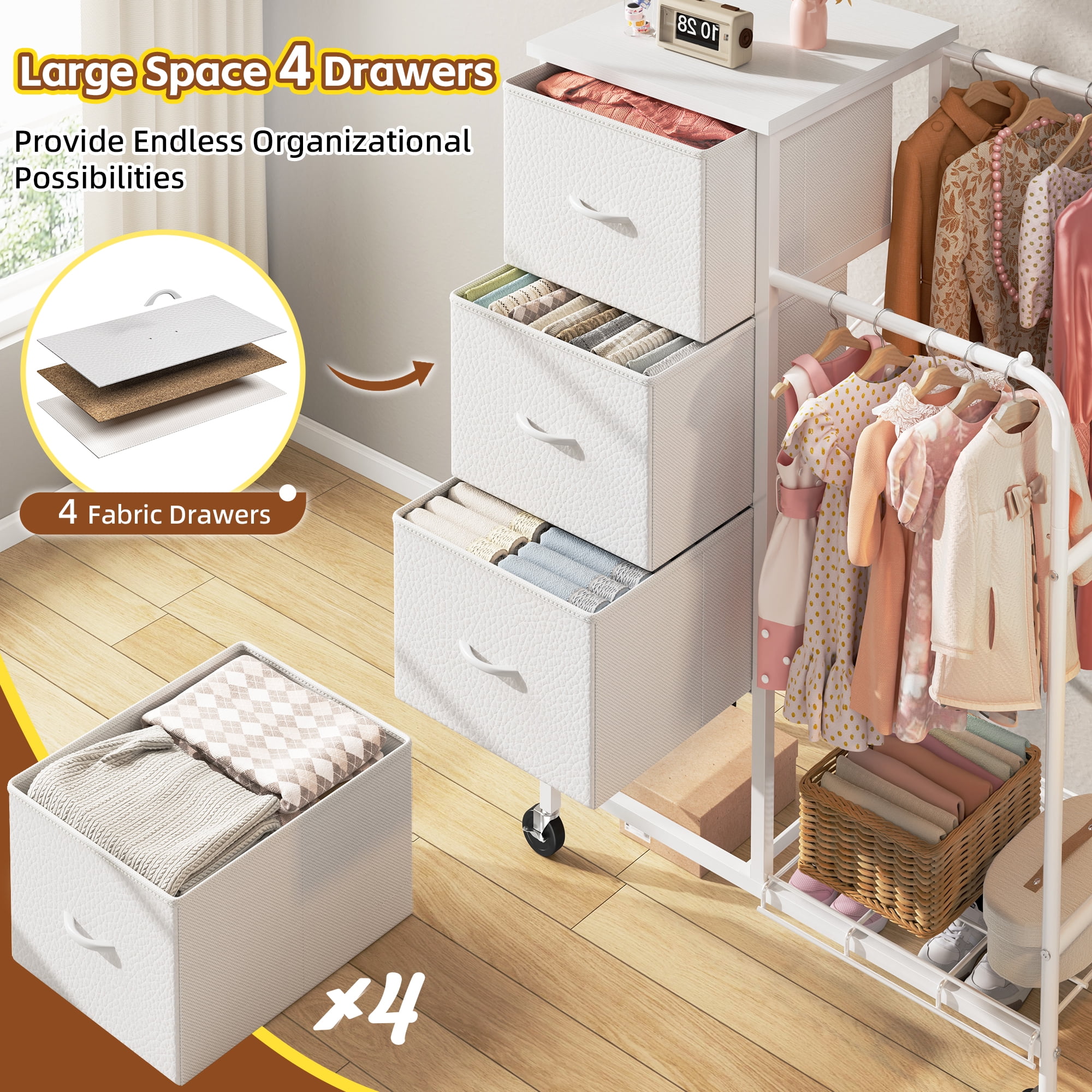 EnHomee Fabric Dresser with 2 Hanging Racks Small Dresser with 4 Drawers for bedroom Small Closet with Clothes Rack, White