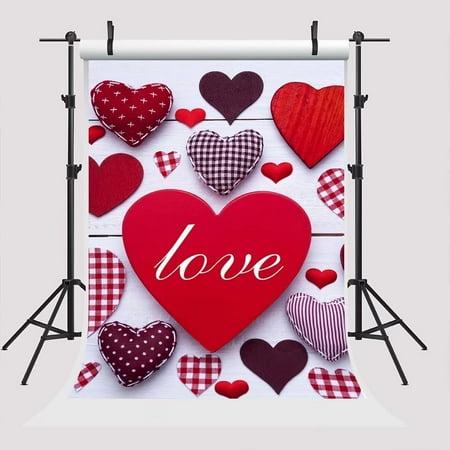 HelloDecor 5x7ft White Wood Photography Backdrops Red Heart Valentine's Day Photo Booth Props Floral Heart Background for Photographers