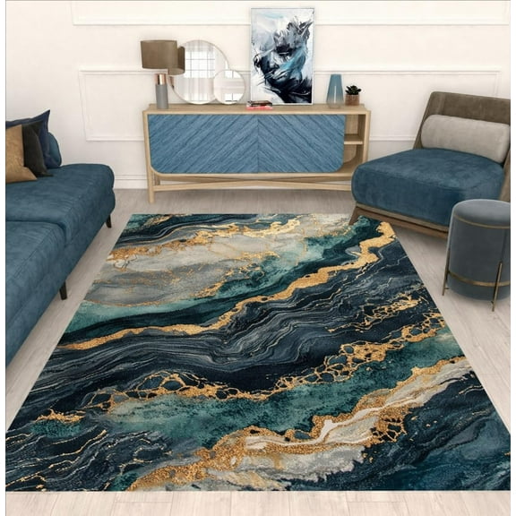 Navy Grey Gold Marble Texture Modern Abstract Area Rug Machine Washable Unique Aesthetic Big Rug For Livingroom Bedroom Diningroom Lux Art Deco Home Office Guestroom Indoor Carpet 5x6ft