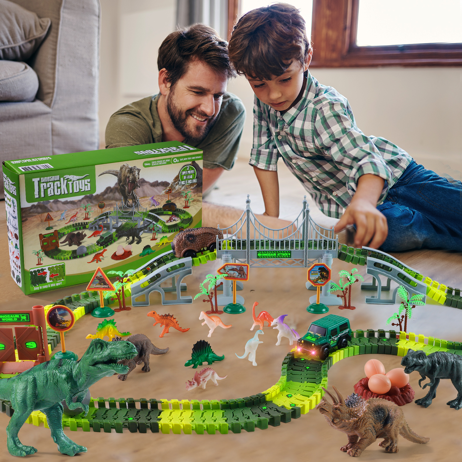 NETNEW Dinosaur Race Car Track with Glow-in-the-Dark photo 3