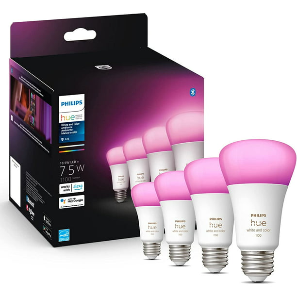 Philips Hue 4-Pack White and Color A19 Medium Smart Bulb, 1100 Lumens, Bluetooth & Compatible (Hue Hub Optional), with & Google Assistant - Walmart.com