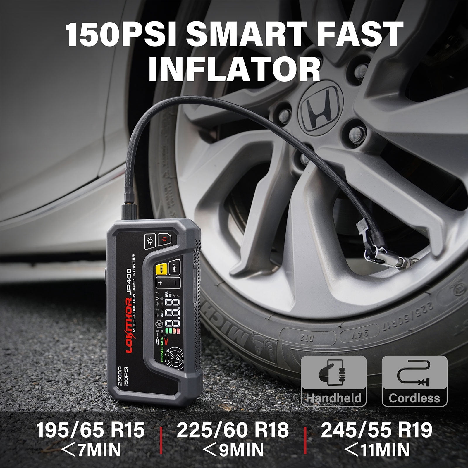 LOKITHOR JP400 Jump Starter with Air Compressor, 2500A 12V Car Battery Jumper Starter Portable (8.5L Gas/6.5L Diesel) with ConnectMax Tech, 150PSI Tire Inflator, Auto-Shutoff & Dynamic Dwell