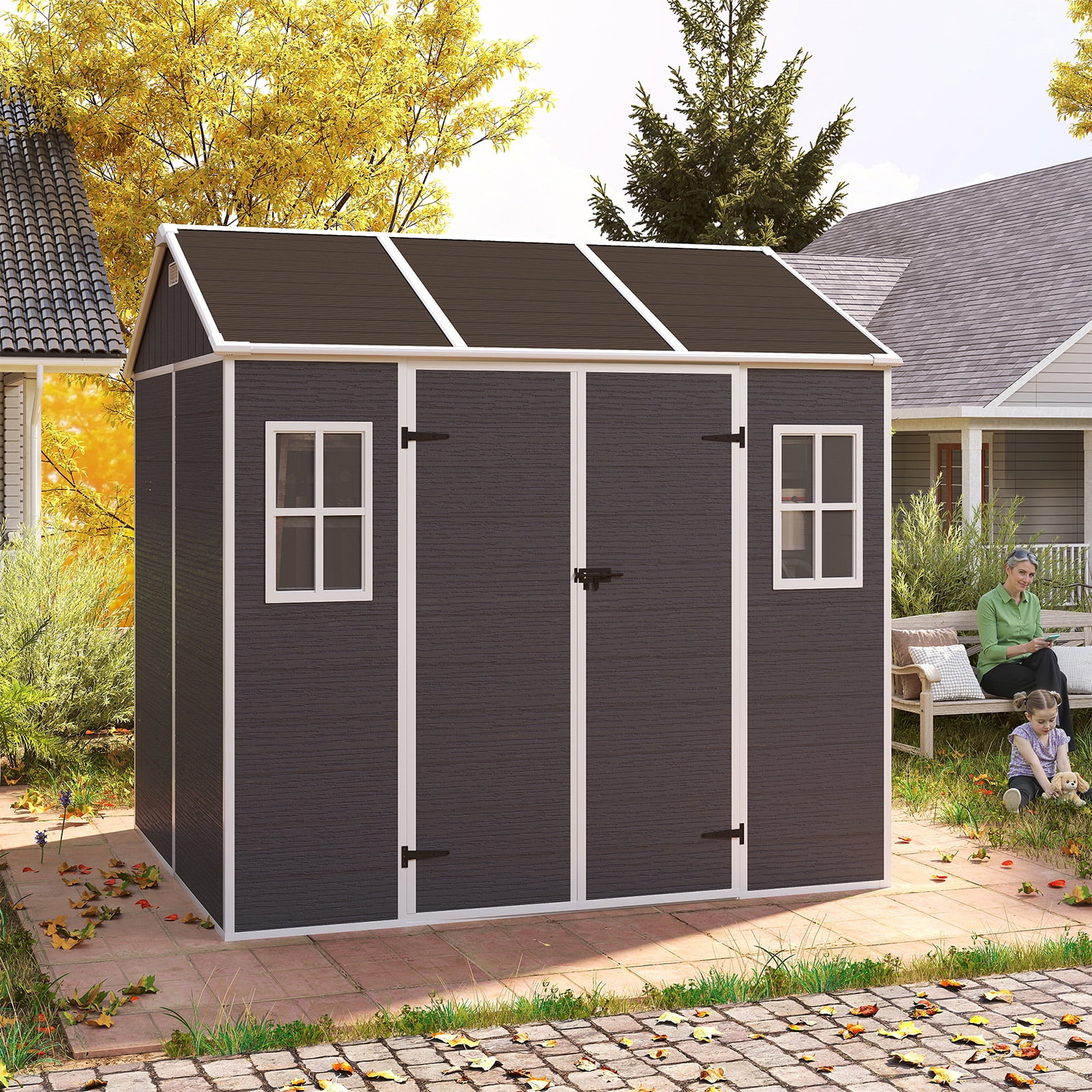 8x7 FT Resin Outdoor Storage Shed, Waterproof Plastic Garden Shed, Large Storage Space, Lockable Doors & Windows, Plastic Tool Shed, 12mm Thick PP Board (4X8 FT)
