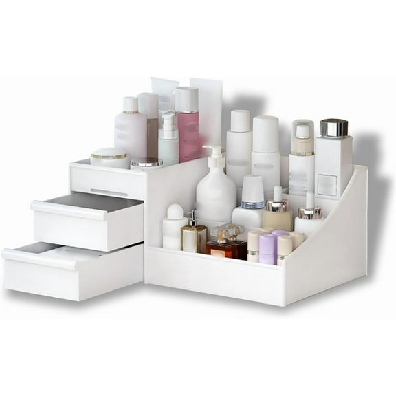 Large Makeup Organizer with Drawers,Multi-Functional Vanity and Countertop Storage,Compact Desk and Bathroom Organizer for Cosmetics, Skincare, Perfume, Nail Polish, Brushes(White)
