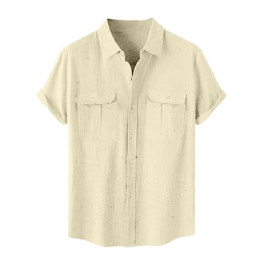 Moxiu Men's Big and Tall Casual Shirts Button Down Short Sleeve Linen Cotton Spread Collar Pocket Work Summer Beach Tops Beige,XXL
