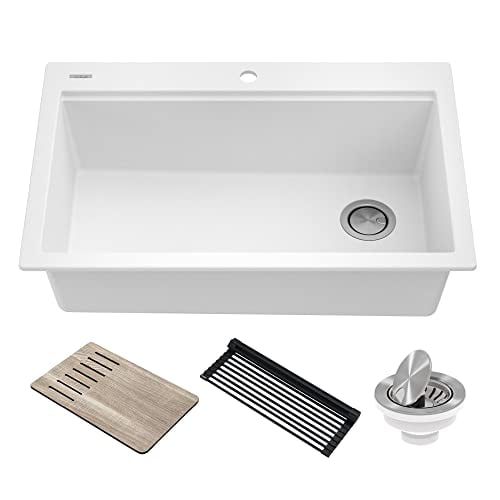 Kraus KGTW1-33WH Bellucci Granite Composite Single Bowl Drop-in Kitchen Sink with Accessories, White