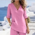 thumbnail image 5 of YABCSAZ Women's Cotton Linen 2-Piece V-Neck Top and Wide Leg Pants Set Casual Summer Outfits Lightweight Breathable Loose Fit Two Piece Set Pink, Gifts for Women, 5 of 8
