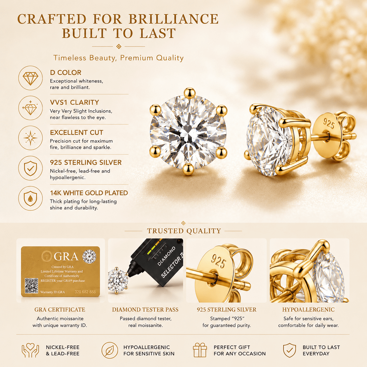 MOONELLE 3Ct Round Cut Moissanite Stud Earrings for Women, 925 Sterling Silver, Yellow Gold Plated
