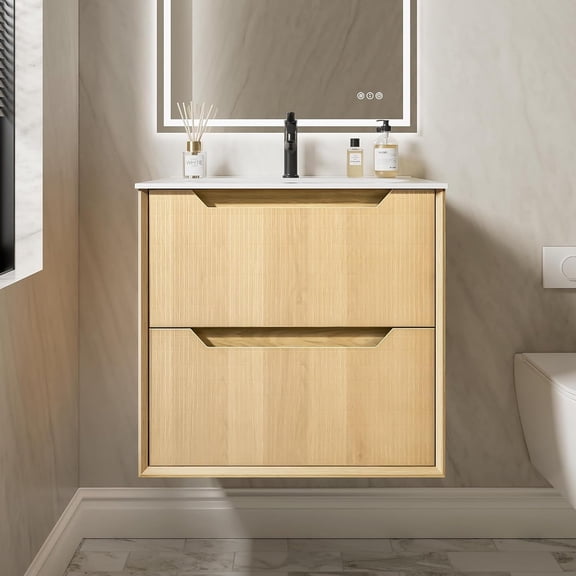 24 Inch Floating Bathroom Vanity with Sink, Pre-Assembled Natural Oak Grid Texture Front Multi-Layer Solid Wood Bathroom Sink Vanity, Wall Mounted with Integrated Stone Top and 2 Soft Close Drawers