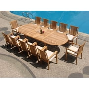 Teak Dining Set:12 Seater 13 Pc - 117" Oval Table And 12 Cahyo Stacking Arm Chairs Outdoor Patio Grade-A Teak Wood WholesaleTeak #WMDSCHd