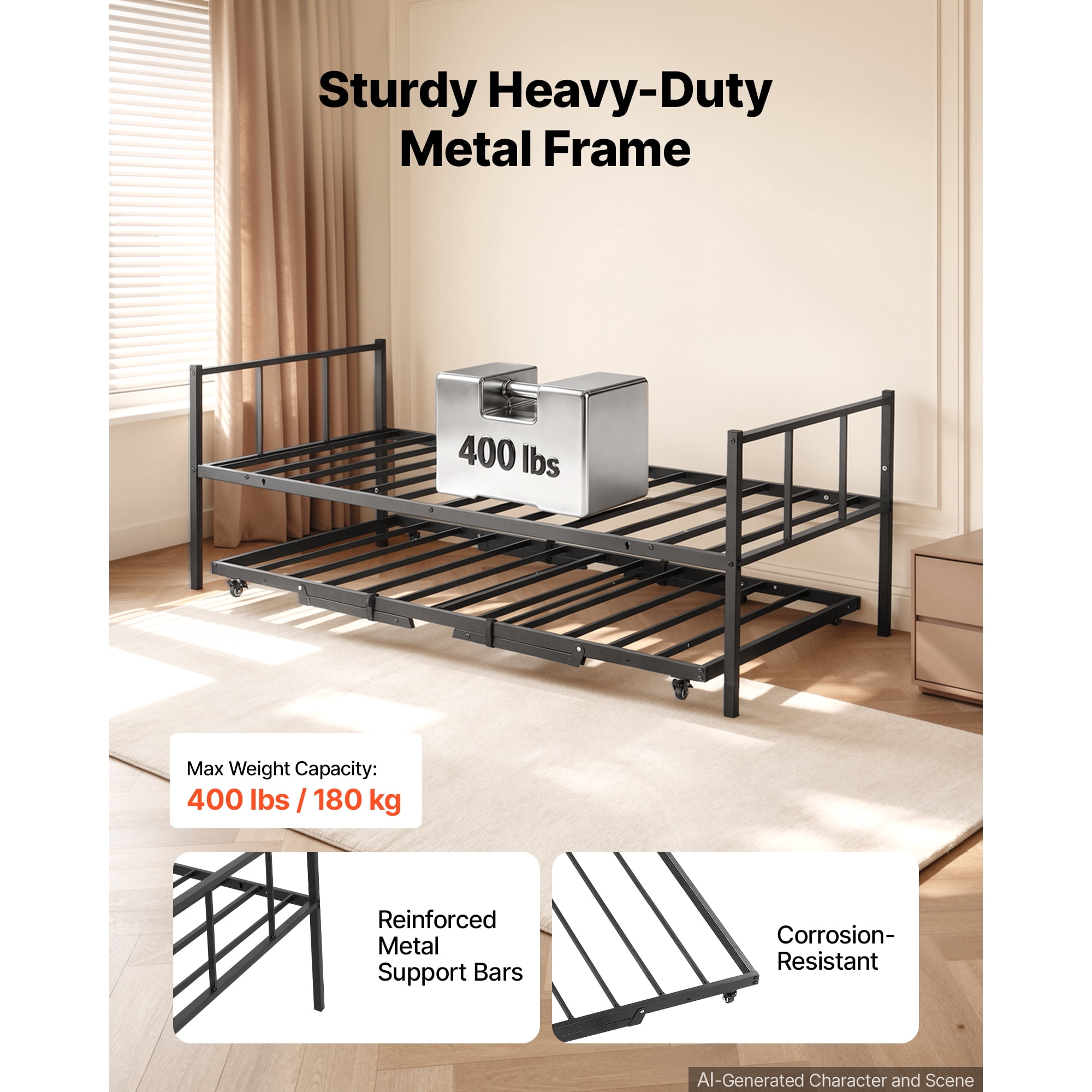KFFKFF Twin Daybed with Pop-Up Trundle Metal Frame,Rectangular Design for Living Room,Bedroom,or Guest Room.Space-Saving Heavy-Duty Metal Sofa Bed with 2 Lockable Casters,Simple Assembly,Black Finish