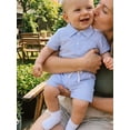 thumbnail image 6 of BemeyourBBs Newborn Baby Boy Summer Clothes Cute Infant Baby Boys 2 Pieces Outfit Short Sleeve Lapel Neck Striped Print Romper and Elastic Waist Pockets Shorts Set, 6 of 9