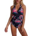 thumbnail image 1 of Traje de baño de una pieza con escote halter y flores rojas, sin espalda y fruncido en la cintura para fiestas en la piscina, talla M, 1 of 7