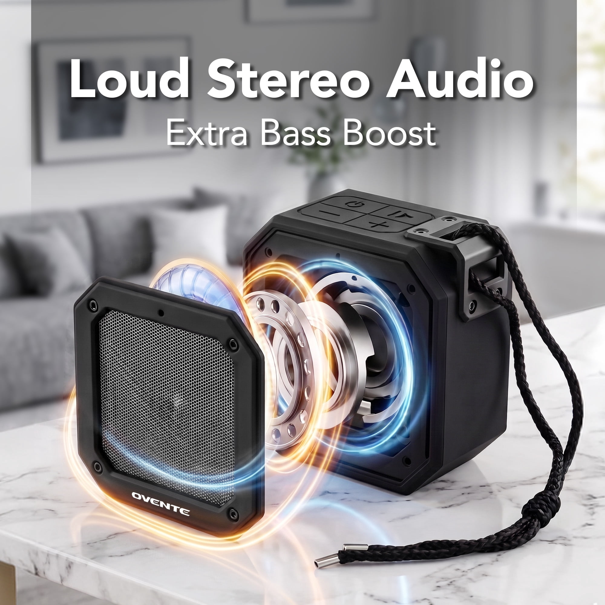 OVENTE Portable Wireless Bluetooth Speaker, IPX6 Waterproof, Black ZA1200B | Mini Stereo Player with TWS Pairing and Up to 20H Playtime, Lightweight Speaker for Shower, Pool, Outdoor Party, & Travel